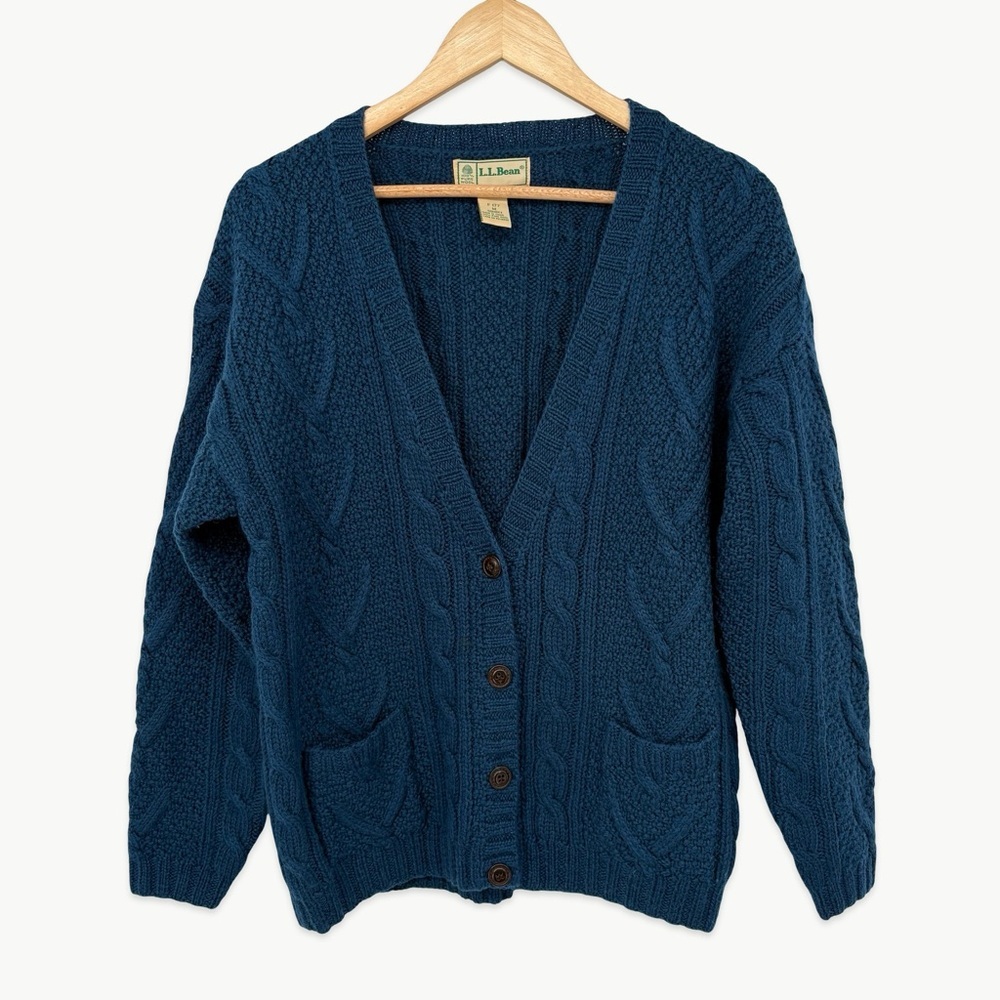 Vintage L.L. Bean Fisherman Cable Knit Wool Cardigan Sz Medium Navy 90s Classic - Picture 10 of 13
